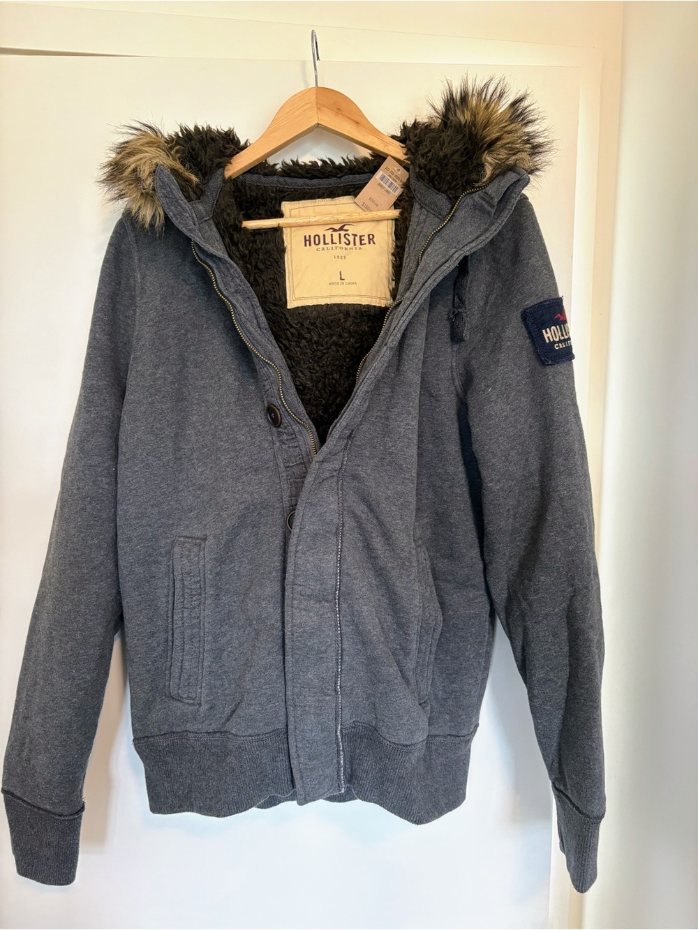 Hollister Men's Dark Gray Faux-Fur Hooded Bomber Jacket